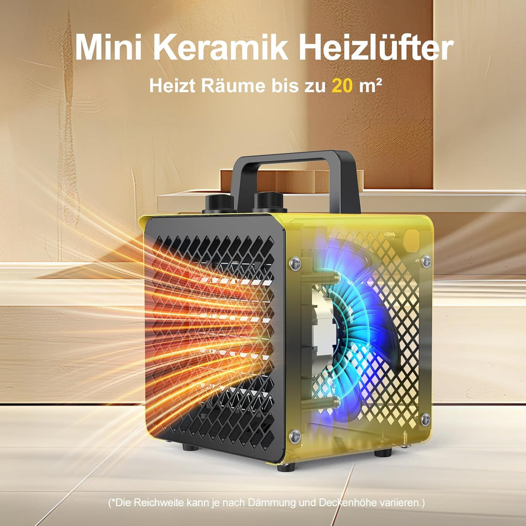 Keramik Heizlüfter 2000 Watt Klein Heizstrahler Bauheizer Bautrockner mit Thermostat & 3 Heizstufen