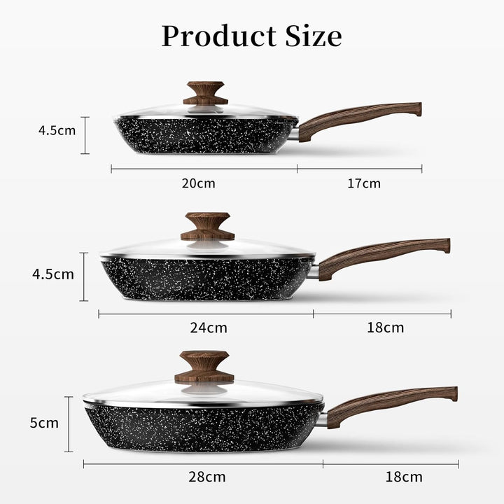 Innerwell Pfannenset - 3-teilig Antihaft-Pfannen mit Deckeln, 20+24+28 cm, Induktion Pfannen, Backof