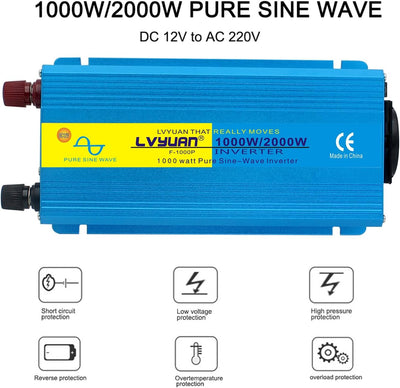 Yinleader Wechselrichter 1000W /2000W 12V 230V Reiner Sinus Spannungswandler mit 1 Steckdose 2 USB A