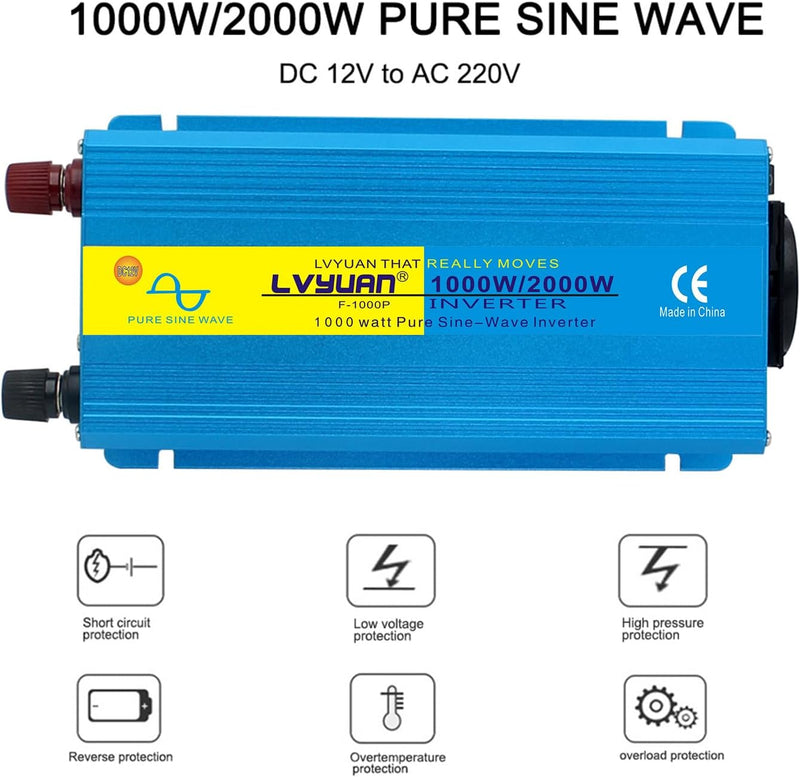 Yinleader Wechselrichter 1000W /2000W 12V 230V Reiner Sinus Spannungswandler mit 1 Steckdose 2 USB A