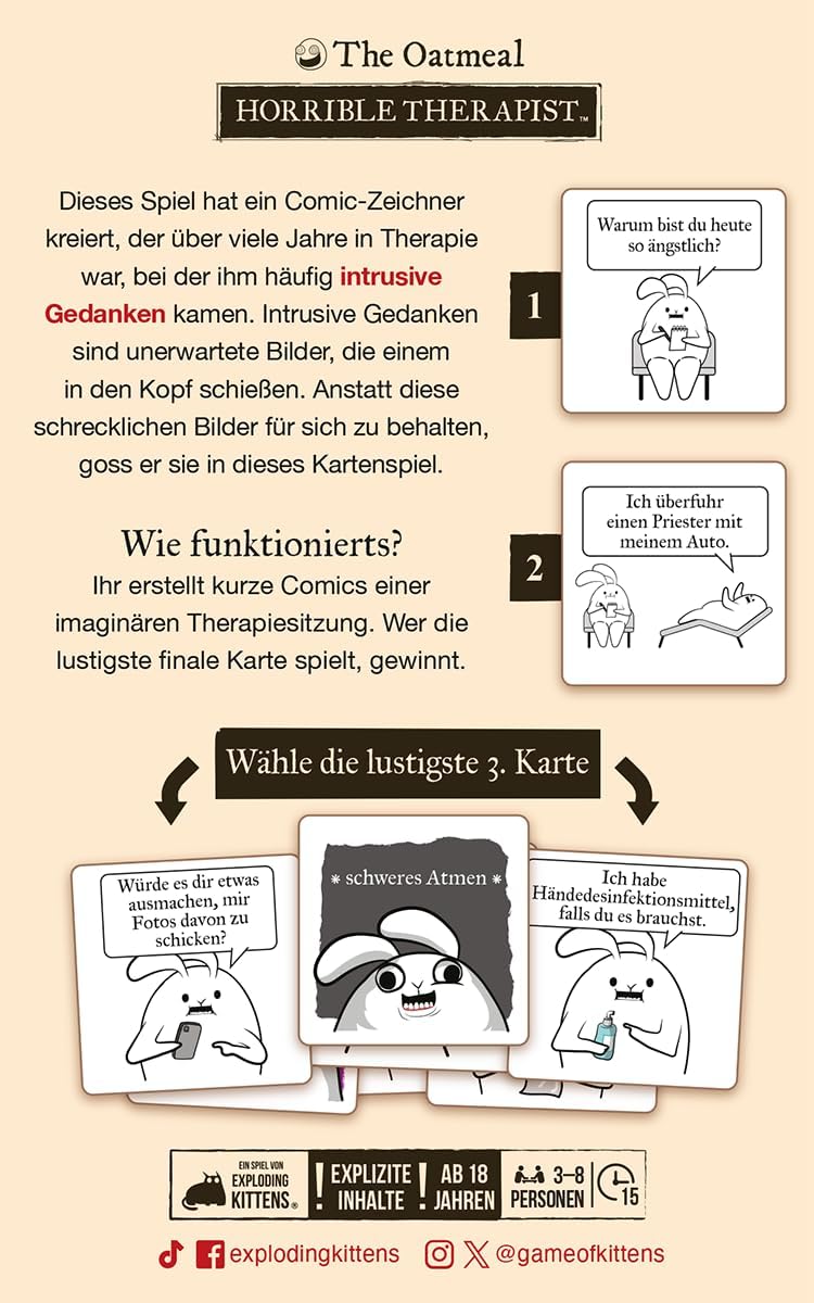Exploding Kittens, Horrible Therapist, Partyspiel, Kartenspiel, 3-8 Spieler, ab 18+ Jahren, 15 Minut