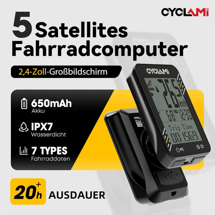 Fahrradcomputer Wireless – 5-Satelliten-GPS-Fahrradtacho und Kilometerzähler – 2,4-Zoll-Display, auc