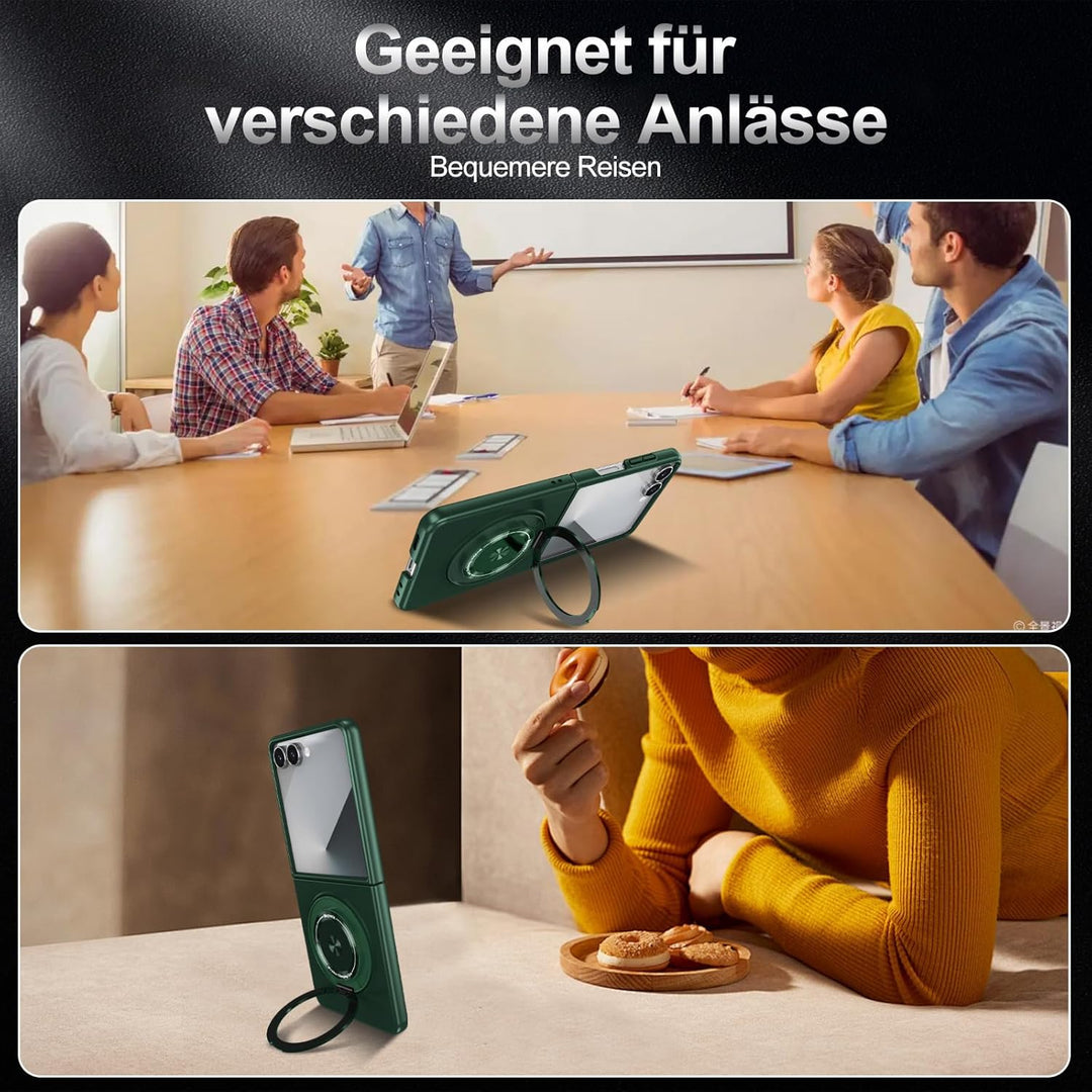 Handyhülle für Samsung Galaxy Z Flip 7 Hülle mit Schutzfolie, 360 Grad Magnetisch Metall Ring Stände