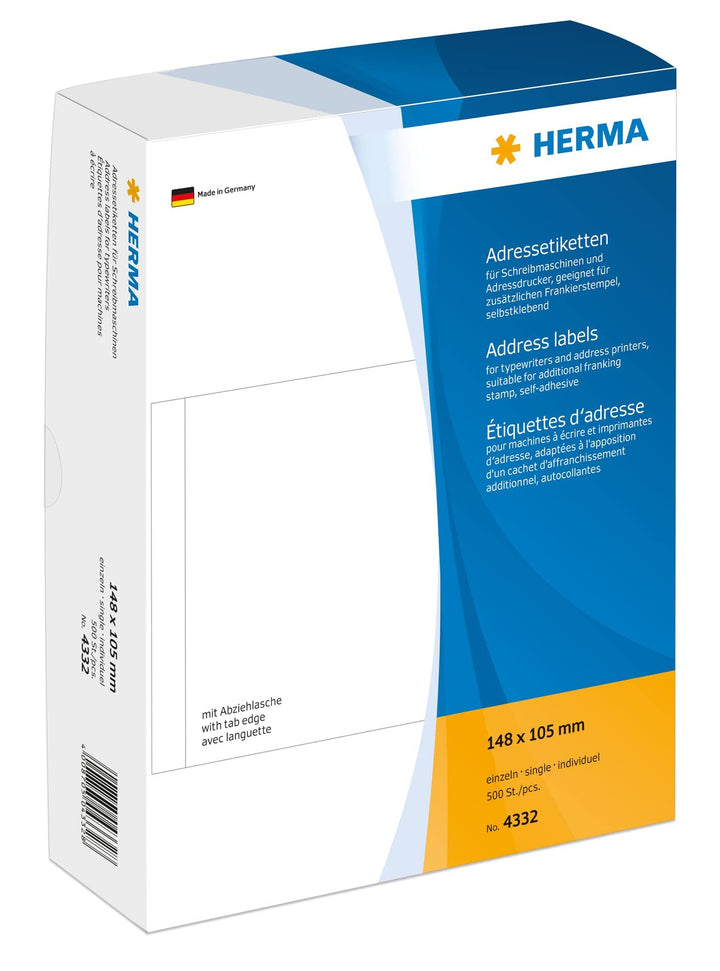 HERMA 4332 Adressetiketten für Schreibmaschinen, 148 x 105 mm, 500 Aufkleber, selbstklebend, matt, e