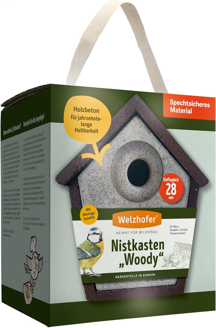 Welzhofer Holzbeton Nistkasten Woody, langlebiges und spechtsicheres Vogelhaus mit 28mm Einflugloch,