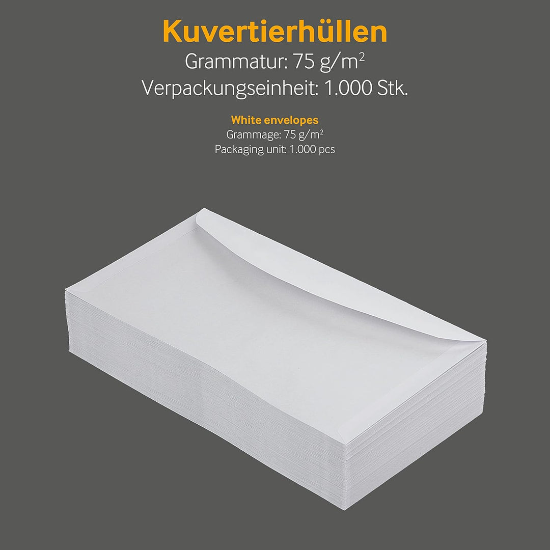 1000 Stück, Kuvertierhüllen, DIN C6/5, Nassklebung, Geschwungene Klappe, 75 g/qm Offset, Mit Fenster