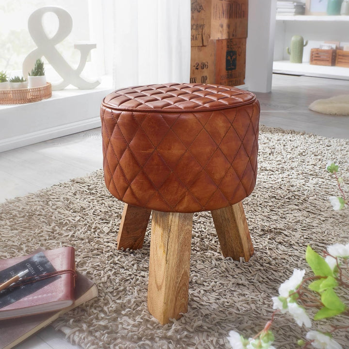 FineBuy Sitzhocker Echtleder/Massivholz 35x46x35 cm Modern Fusshocker Rund | Turnbock Lederhocker Br