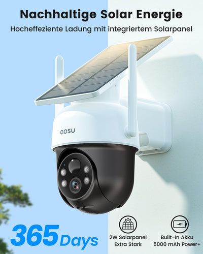AOSU 2K überwachungskamera Aussen Akku Solar, Kamera Outdoor mit Installationsfreie Solarpanel, 360