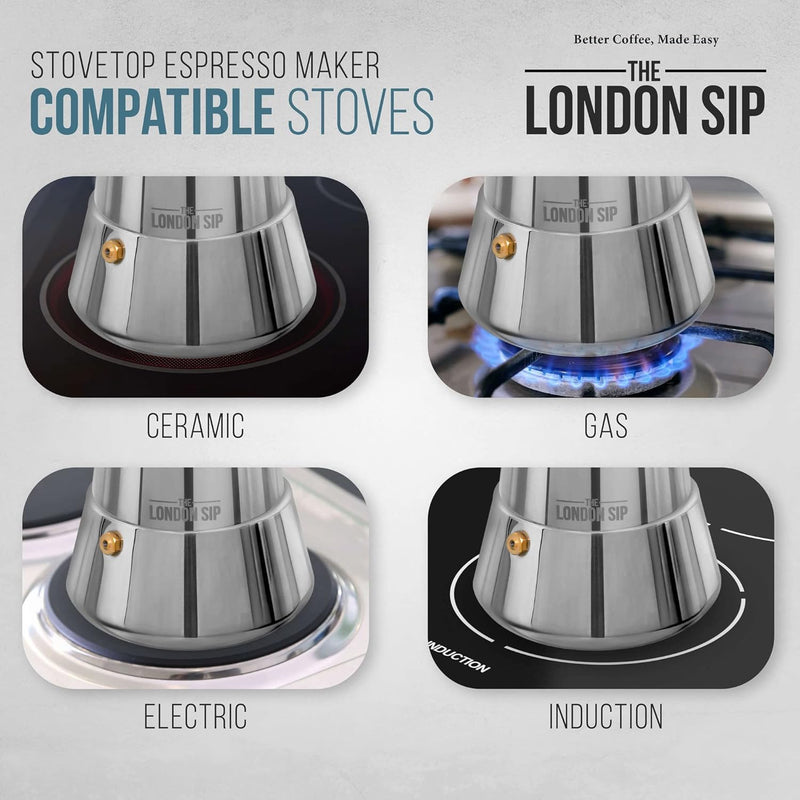 The London Sip Espressokocher Induktion geeignet, Mokkakanne aus Edelstahl, Espressokanne 6 Tassen (