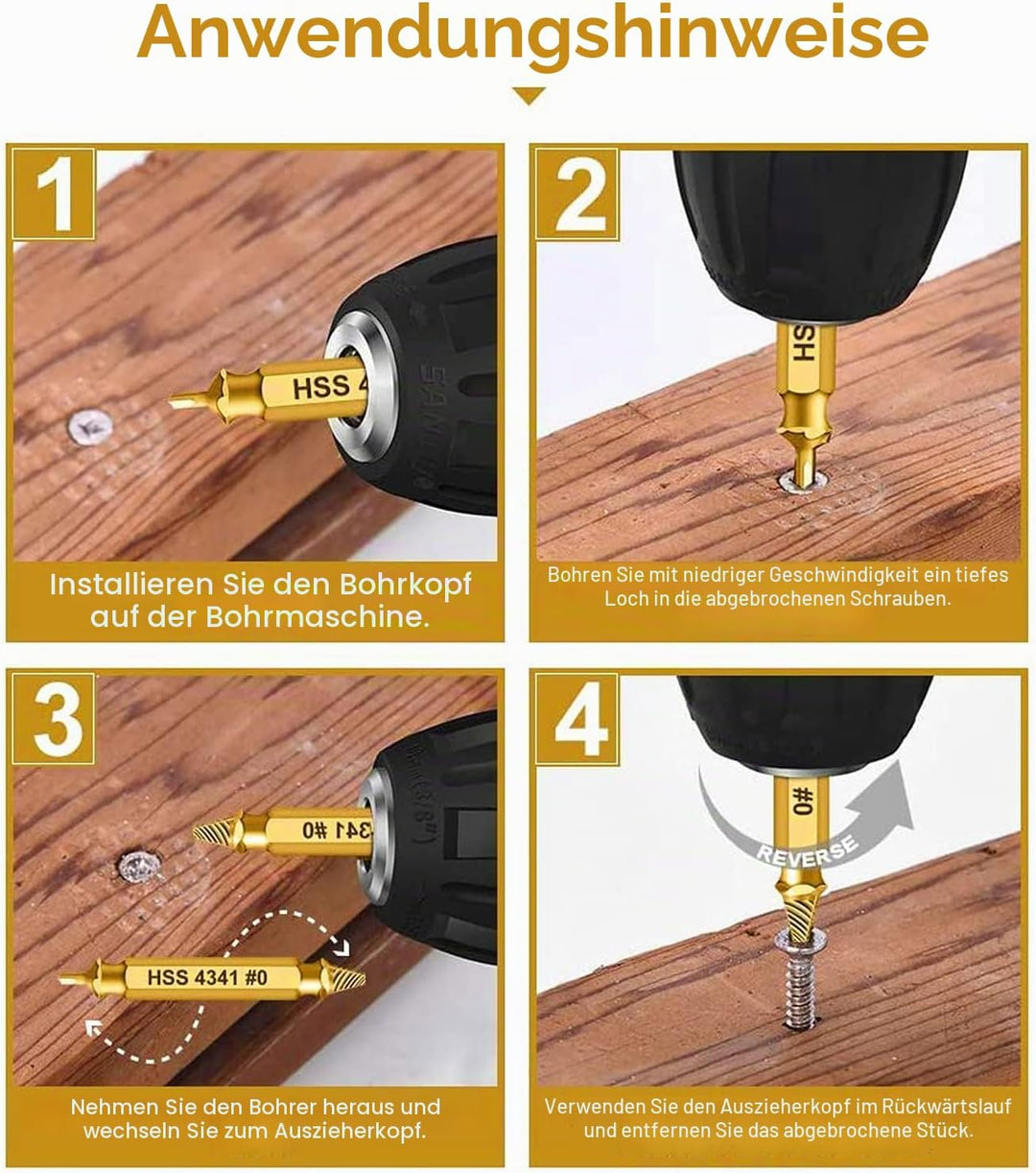 HSS 4341 Schraubenausdreher Set, 5-teilig, M3-M18, Beschädigte Schrauben Entferner, Linksdreher mit