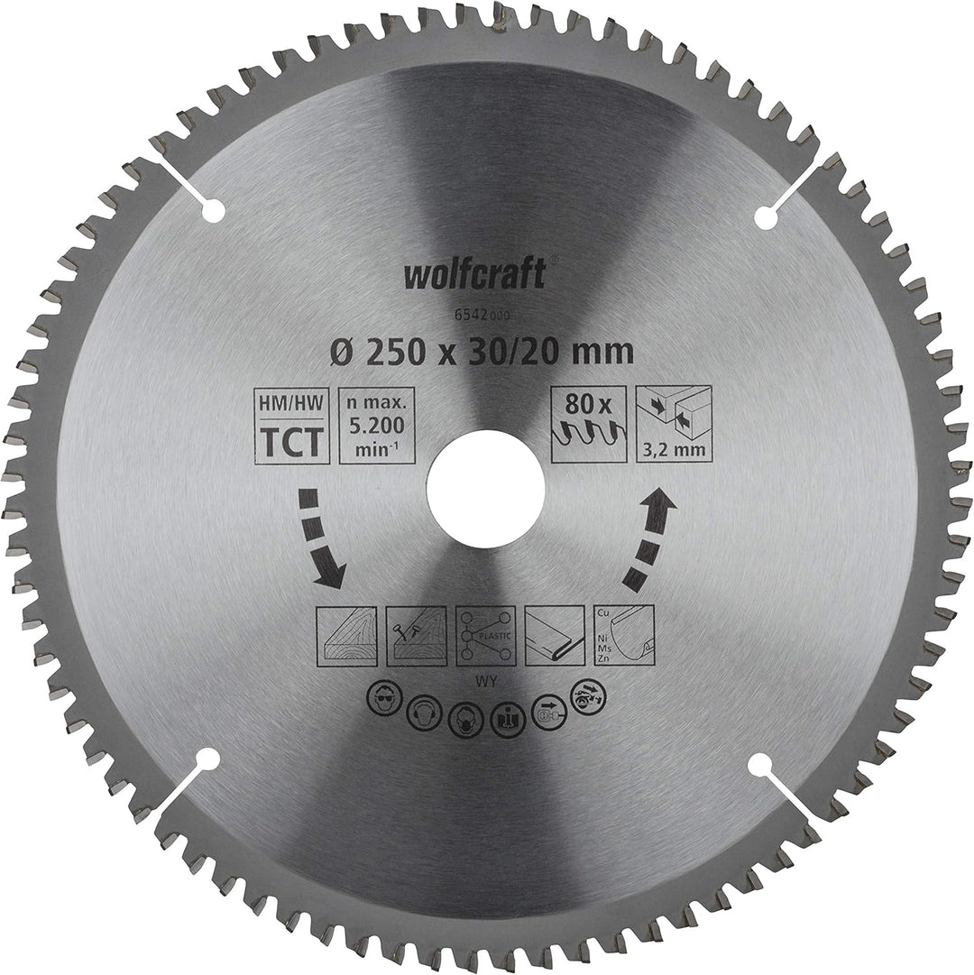 Wolfcraft 6542000 Kapp- und Gehrungssägeblatt ø 250 mm - feine, saubere Schnitte ø 250 mm 80 Zähne,