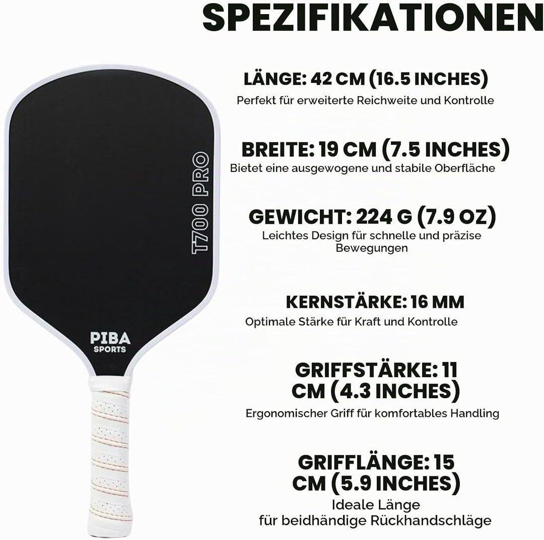 PRO Pickleball Schläger – T700 Carbon, 16mm Honeycomb, Angeraute Oberfläche für Top Spin, Verlängert