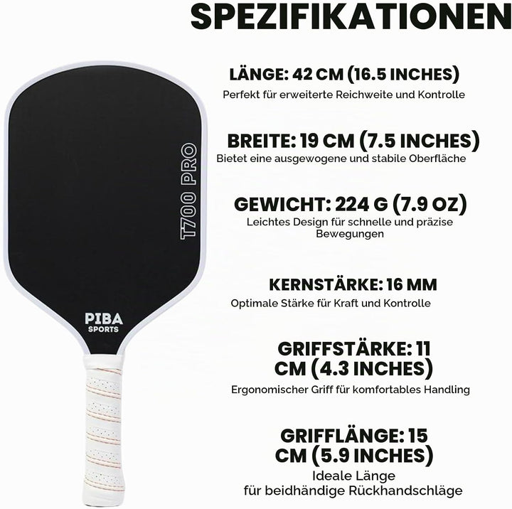 PRO Pickleball Schläger – T700 Carbon, 16mm Honeycomb, Angeraute Oberfläche für Top Spin, Verlängert