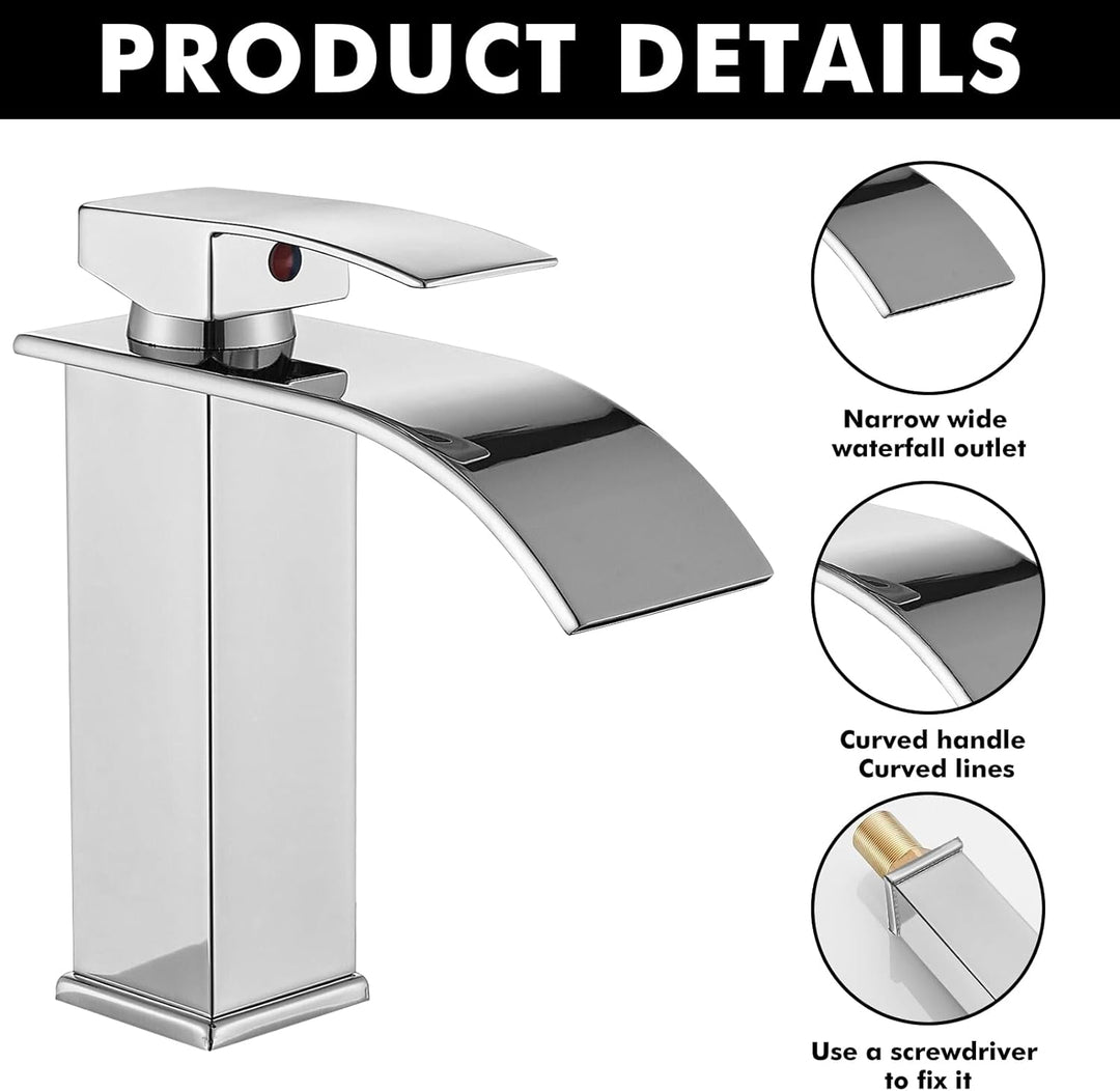 Touch-On Wasserhahn Bad Silber - Wasserfall Waschtischarmatur mit Einhebelmischer | 60cm Edelstahlsc