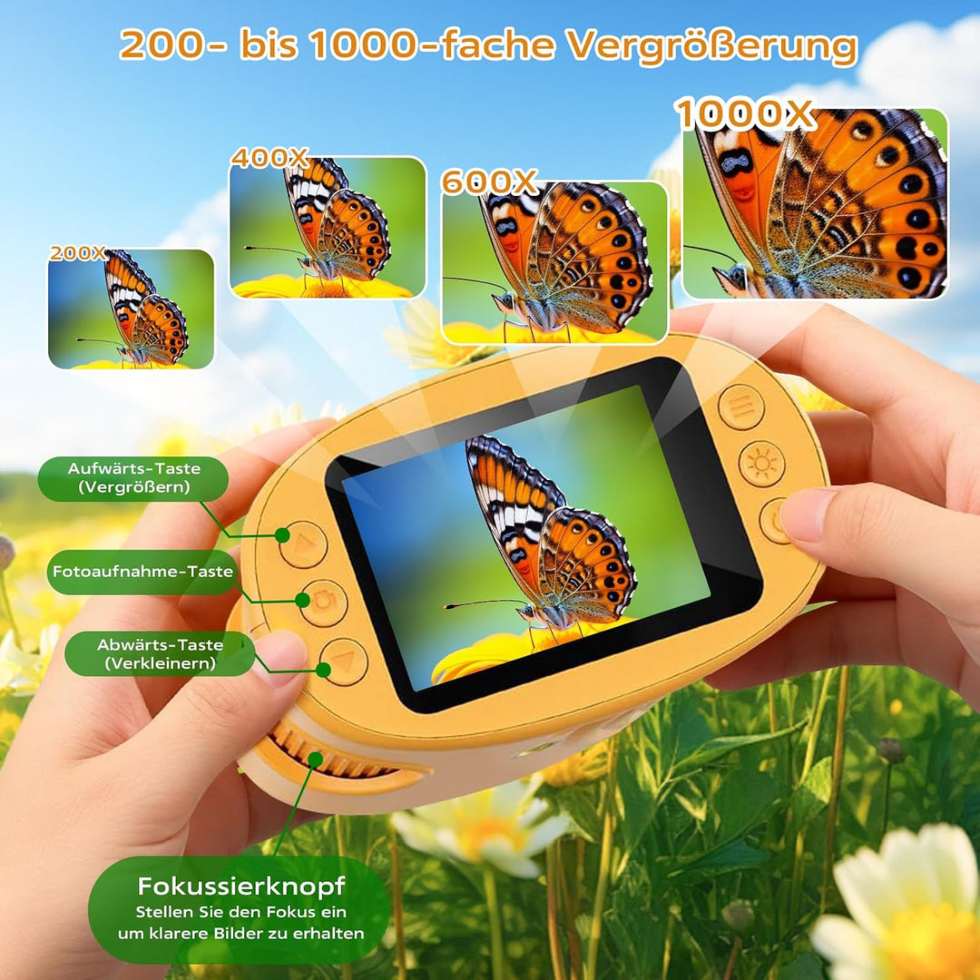 Digitales Mikroskop für Kinder, 1000X Vergrösserung mit 2.0" IPS Bildschirm, USB Wiederaufladbar und