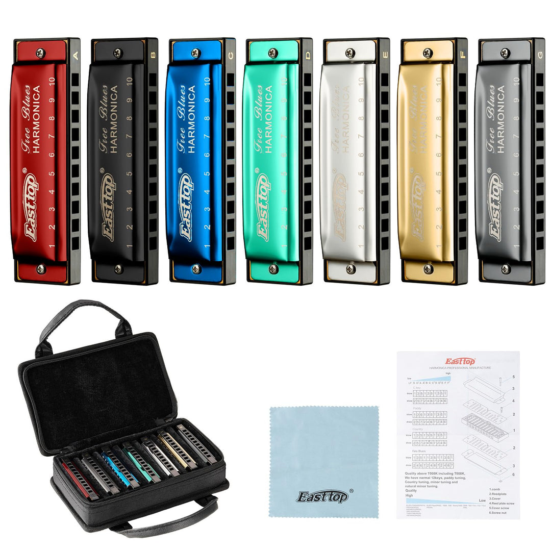East Top 7 Tasten Mundharmonikaset verpackt, 10 Löcher T003 Professional Diatonic Blues Harmonica se