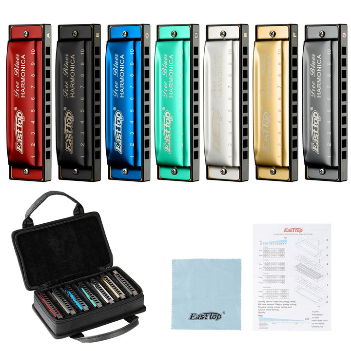 East Top 7 Tasten Mundharmonikaset verpackt, 10 Löcher T003 Professional Diatonic Blues Harmonica se
