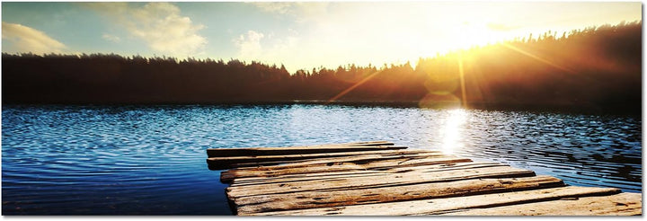 Augenblicke Wandbilder Leinwandbild als Panorama in 150x50cm See Holzsteg Wald Sonnenuntergang