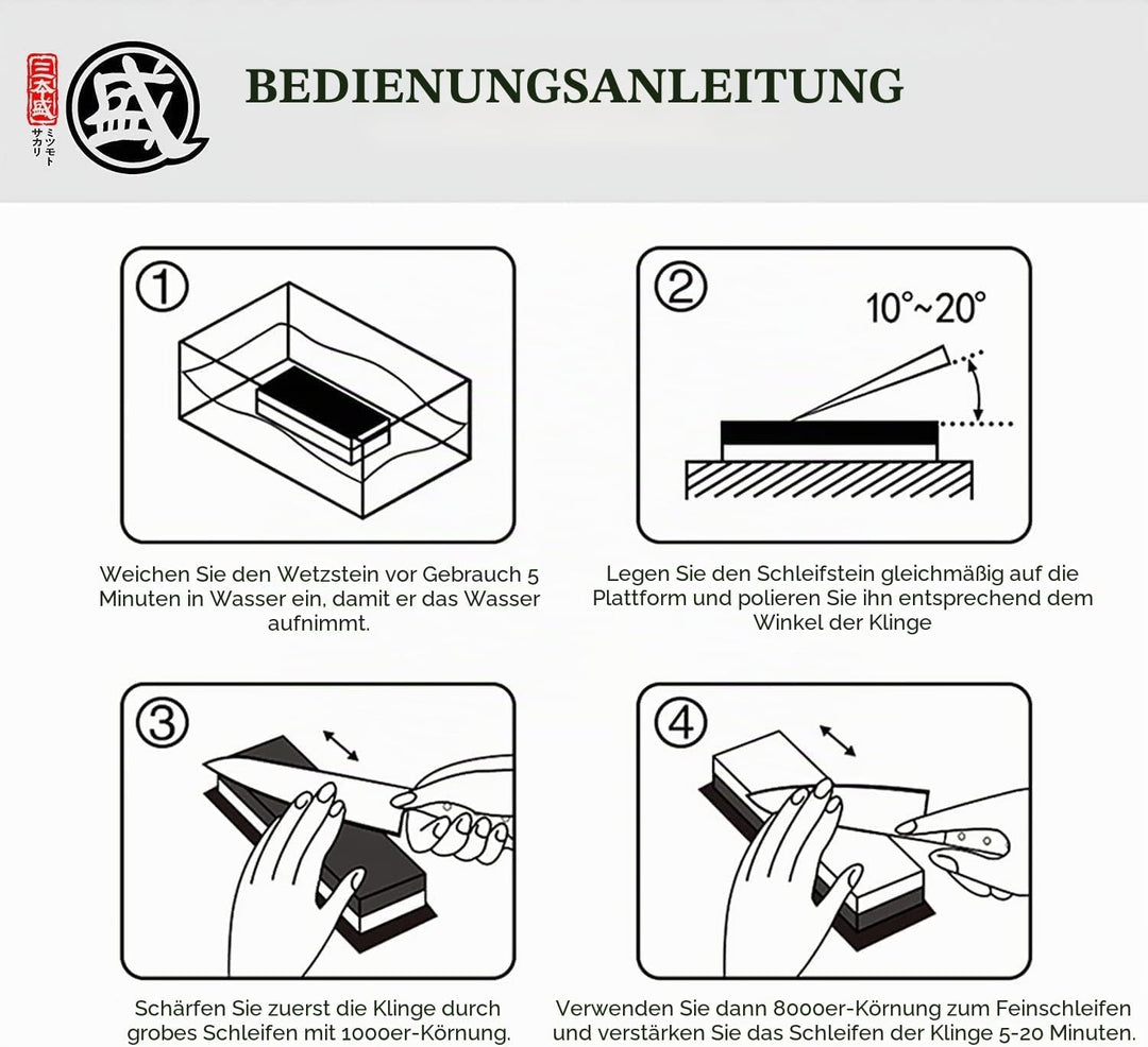 MITSUMOTO SAKARI Japanische Schleifstein Messer, Wetzstahl für professionelle Küchenmesser, 1000/300