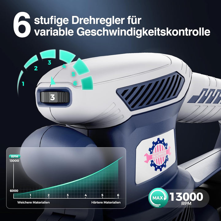 Exzenterschleifer 125mm mit Bremse, 450W Schleifmaschine für Holz mit 15 Schleifpapier & Staubabsaug
