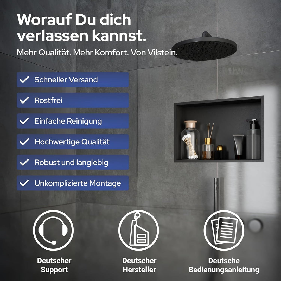 VILSTEIN Wandnische Dusche 30x30 cm [ROSTFREI] - Randlose Duschnische - Wandnische Schwarz - Einbaur