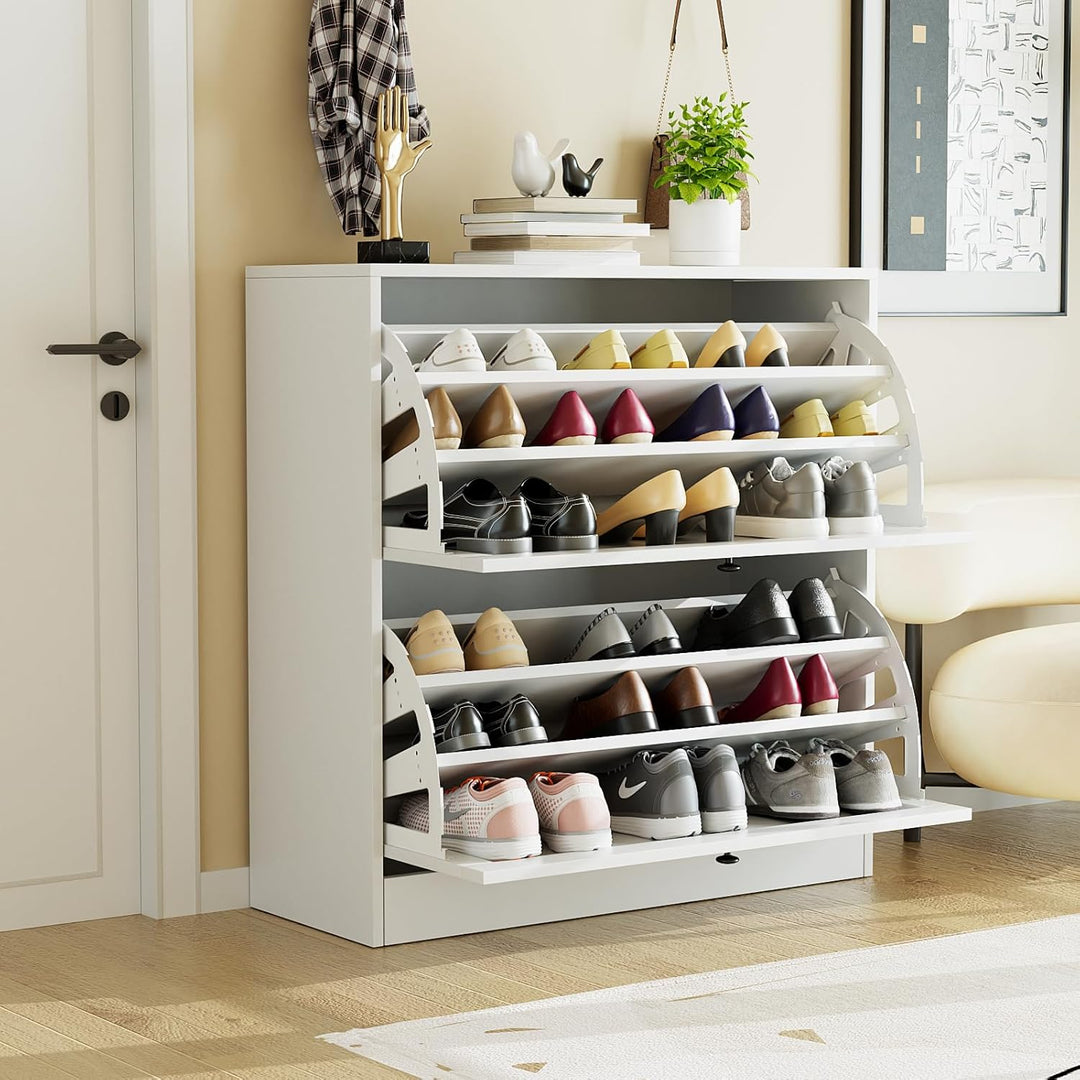 VOWNER Schuhschrank mit 2 Klappen, Schuhregal Schuhkipper Schmal, mit 6 Fächern, Schuhschrank Weiss,