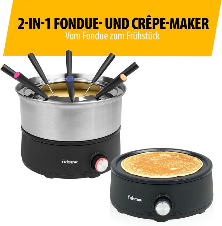 Tristar Fondue-Set, 1,5 L Edelstahl, 2-in-1 mit Crêpe-Funktion, PFAS-frei, Spülmaschinenfeste Teile,