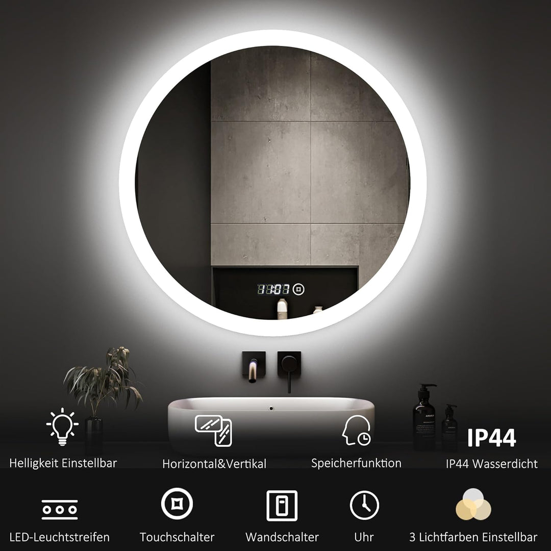 Boromal Badspiegel Rund 60cm Badezimmerspiegel mit Uhr und Beleuchtung 3 Lichtfarbe Dimmbar 3000-650