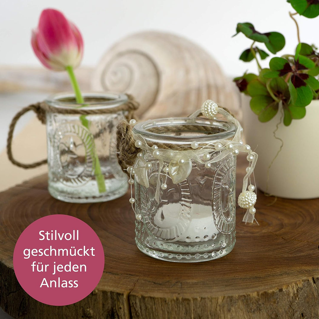 WeddingTree 12 x Windlicht Glas mit Bügel und Dekoband weiss - Teelichtgläser - Einfach Abnehmbarer