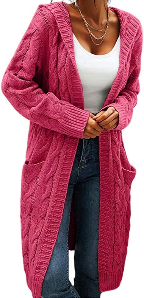 GeGekoko Strickjacke Damen mit Kapuze Langarm Grobstrick-Cardigan Open Front Sweater Herbst Winter C