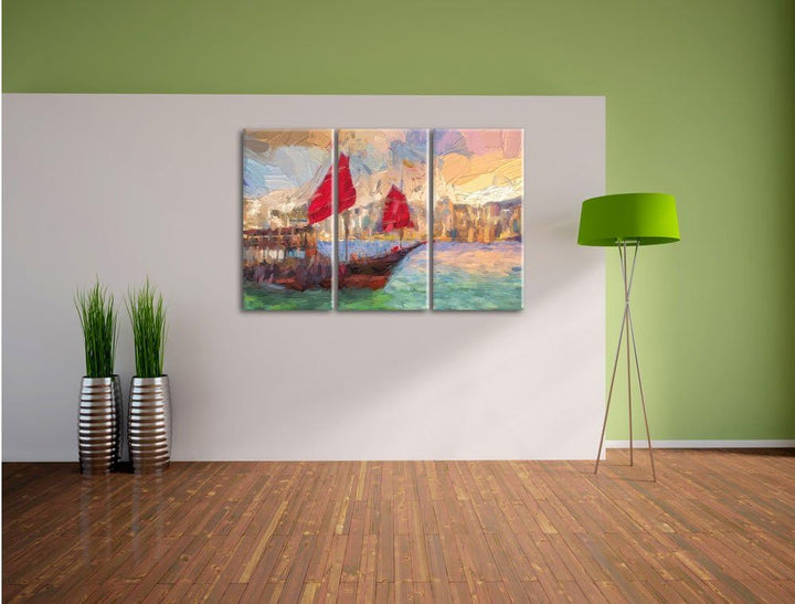 Pixxprint Segelschiff mit Segeln 3Teiler 120x80 cm Leinwandbild Wandbild Kunstdruck