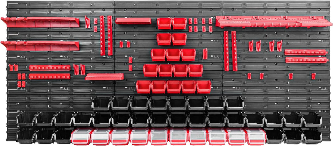 Lagersystem Werkstattregal | 172 x 78 cm | 56 stck. Box | Wandregal mit Werkzeughalterungen und Stap