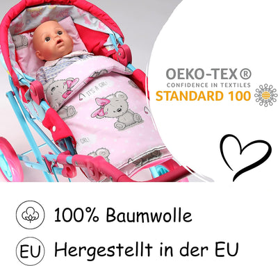 PinkZebra 3er Set Puppenbettwäsche für Puppenbett, Puppenbettzeug 3-teilig, Decke + Kissen + Matratz
