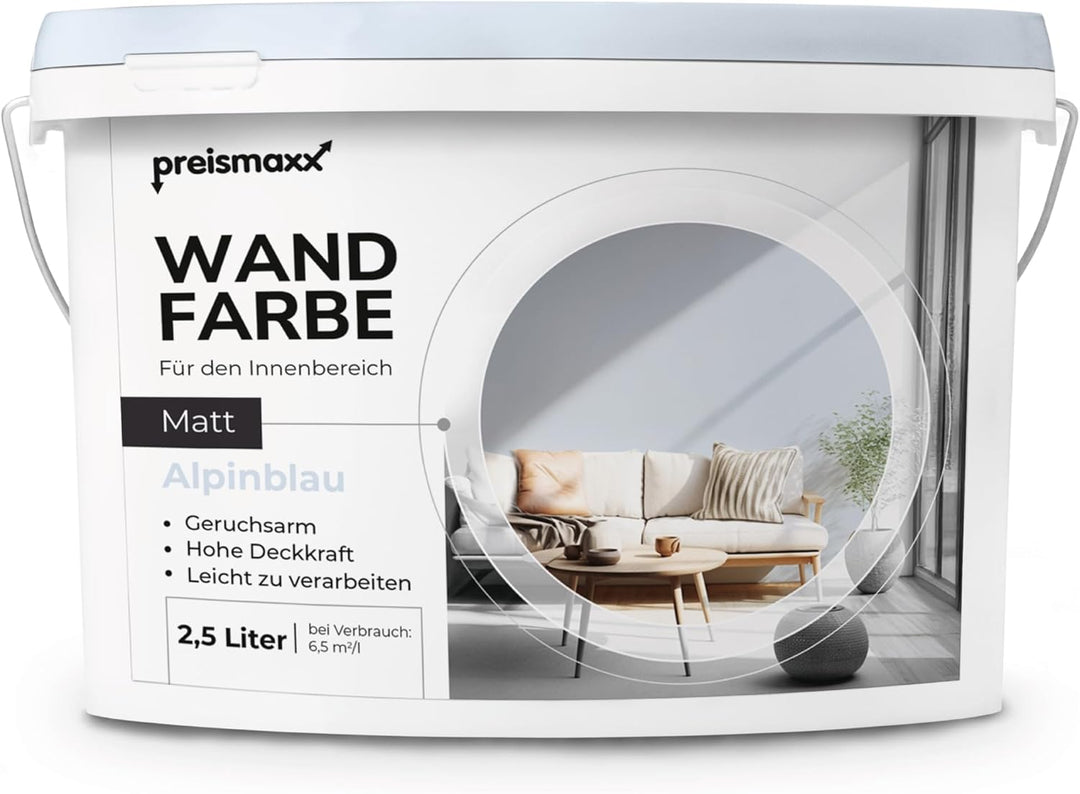 Preismaxx Profiweiss Wandfarbe blau 2,5L, hohe Deckkraft, Dispersionsfarbe innen, Innenwandfarbe Rau