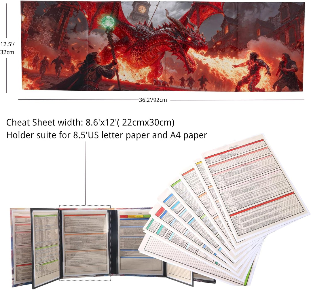 DND 5e DM Screen Deluxe-8 Kunstleder-Panels 2 schwenkbaren Nasslösch-Taschen&3D Relief Drachen Krieg