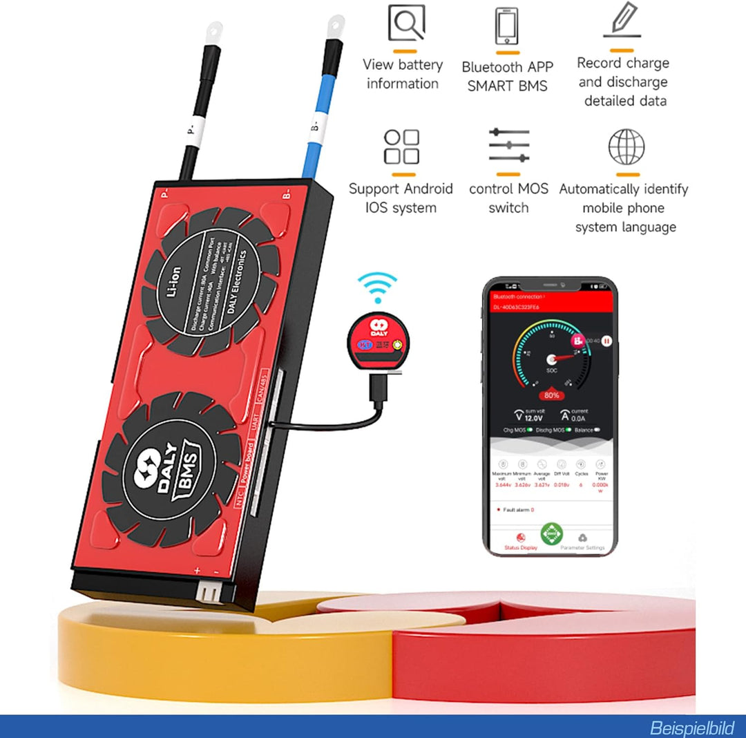 DALY Smart BMS mit Bluetooth für 3.2V LiFePO4 Akkus 4S 8S 16S - Batterie Management System 12V 24V 4