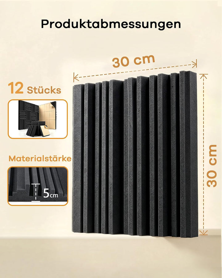 12 Stück Akustikpaneele, Selbstklebend Wandpaneele, Schwarz Gerillte Akustikschaumstoff 12 x 12 x 2