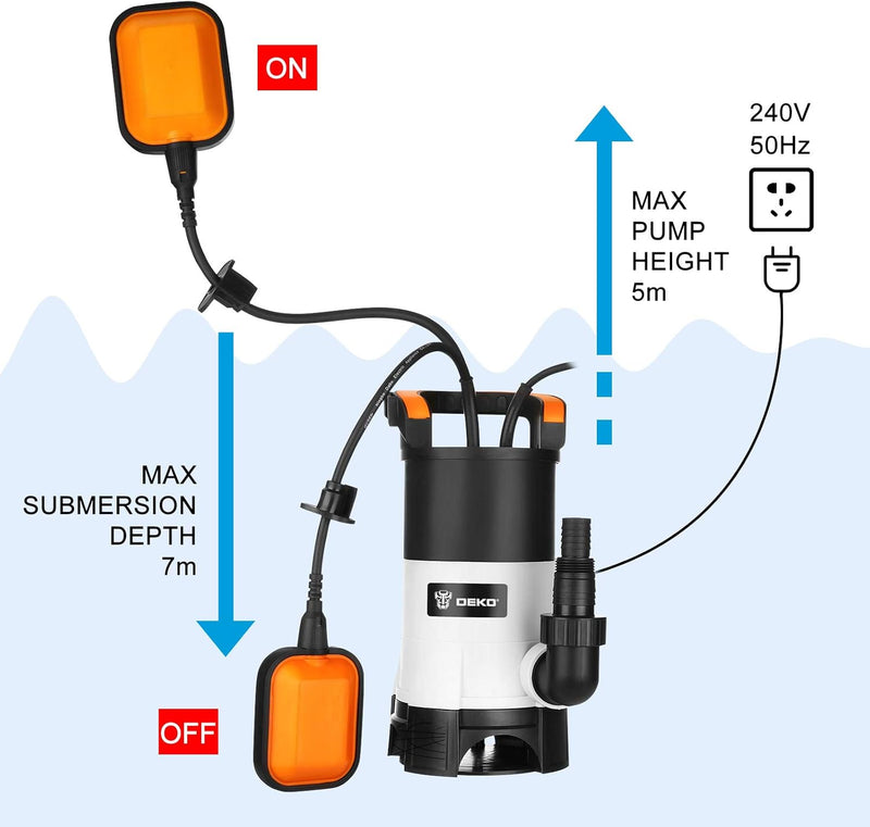 DEKO Elektrische Tauchwasserpumpe 400W mit Schwimmerschalter und maximalem Durchfluss 8000 l/h für d