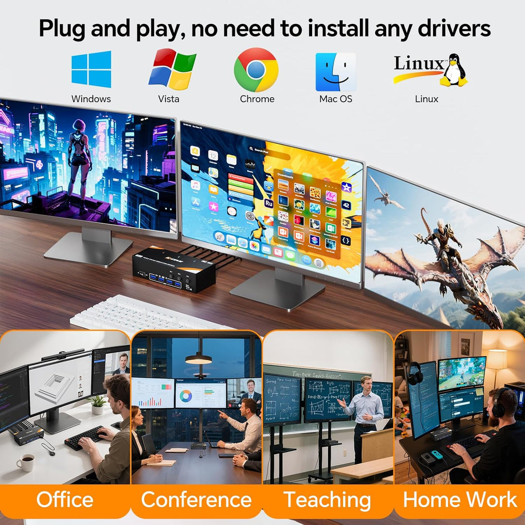 KVM Switch 3 PC 3 Monitore 8K@60Hz / 4K@144Hz, Displayport 1.4 HDMI 2.1 USB 3.0 KVM Switch Triple Mo