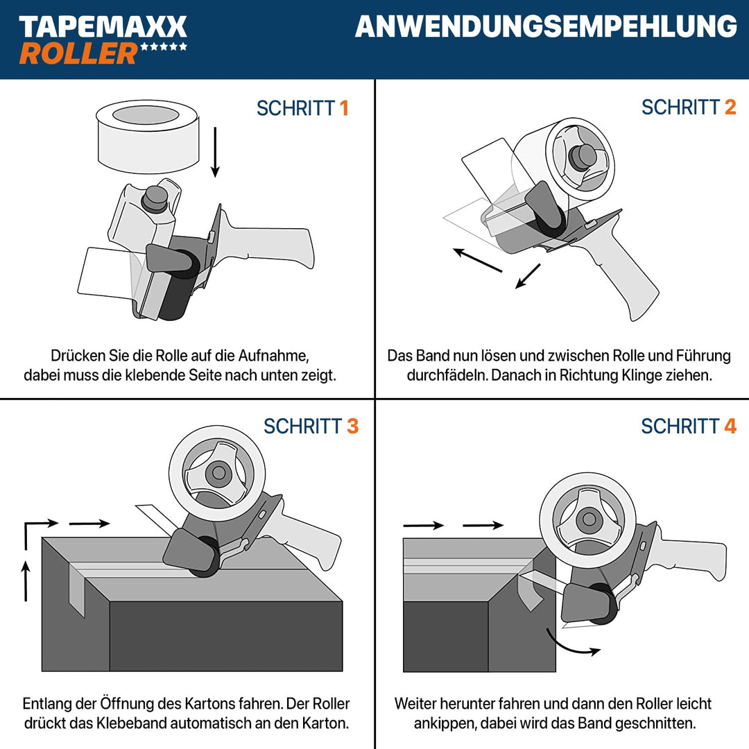 TAPEMAXX ROLLER 2 Abroller Set mit 6 Rollen Paketklebeband Transparent 47mm x66m Paketbandabroller H