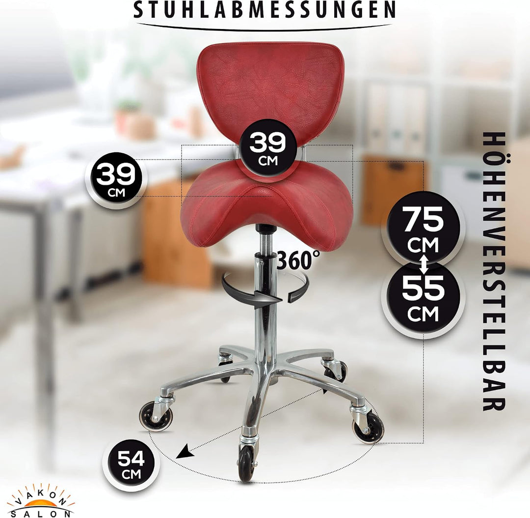 Sattelhocker mit Lehne Rot, Sattelstuhl für Rückenentlastung, Rollhocker höhenverstellbar von 55-75