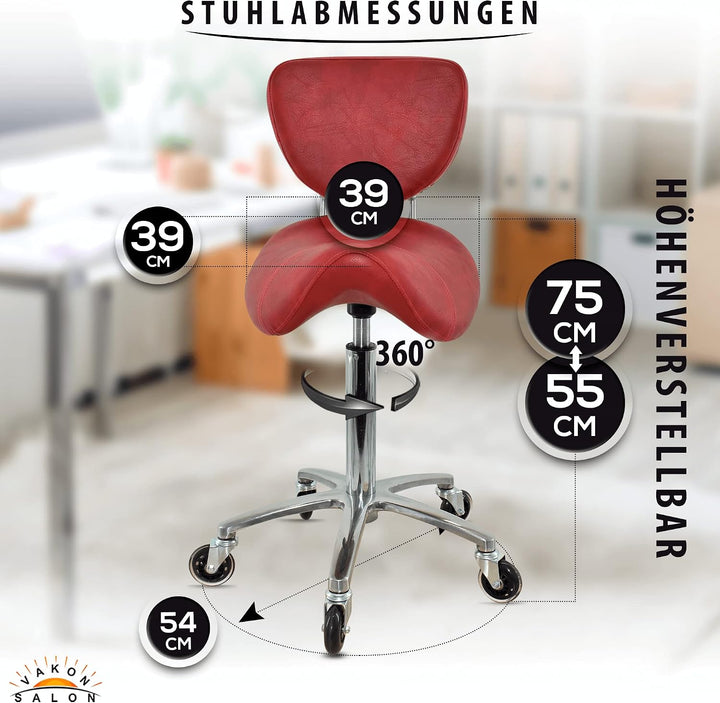 Sattelhocker mit Lehne Rot, Sattelstuhl für Rückenentlastung, Rollhocker höhenverstellbar von 55-75