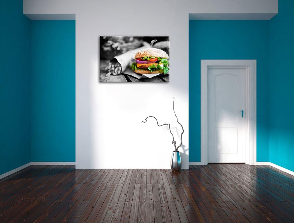 perfekter Burger mit Pommes schwarz/weiss Format: 100x70 auf Leinwand, XXL riesige Bilder fertig ger