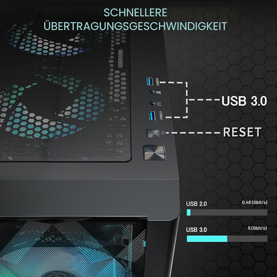 MUSETEX ATX PC Gehäuse Pre-Install 6 PWM ARGB Lüfter, Polygonal Mesh Computer Gaming Gehäuse, Öffnun