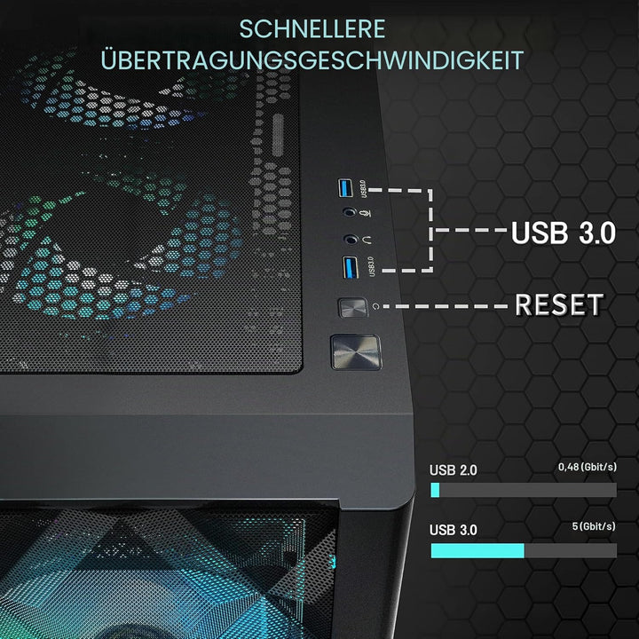 MUSETEX ATX PC Gehäuse Pre-Install 6 PWM ARGB Lüfter, Polygonal Mesh Computer Gaming Gehäuse, Öffnun