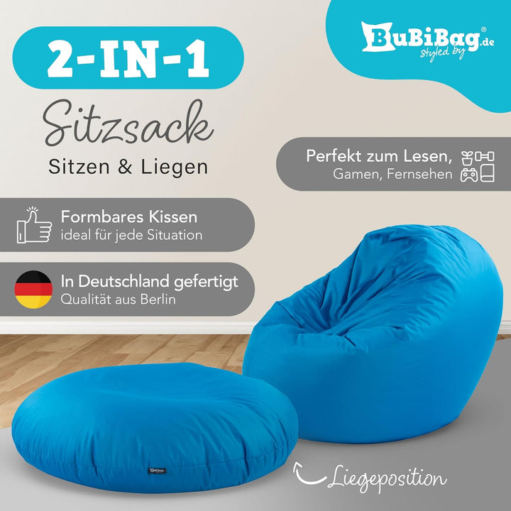 BuBiBag 2in1 Sitzsack L - XXL mit Füllung für Kinder &amp; Erwachsene, Gaming Beanbag &amp; Bodenkissen für