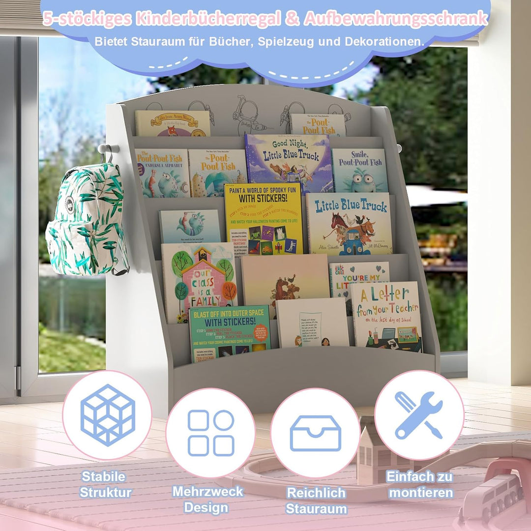 KEEPREAPER Kinder Bücherregal mit 5 offenen Fächern und Haken, Kinderregal Holz, Montessori Aufbewah