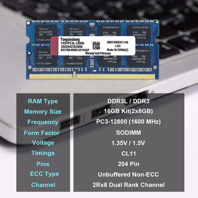 DDR3 / DDR3L 16GB Kit (8GBx2) Laptop RAM 1600MHz PC3-12800 / PC3L-12800 SODIMM Non-ECC Unbuffered 1.