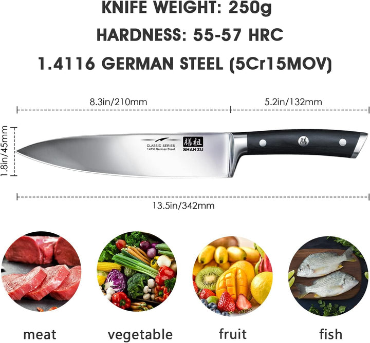 SHAN ZU Kochmesser Deutscher Edelstahl 20cm Küchenmesser Extra Scharfe Messerklinge mit ergonomische