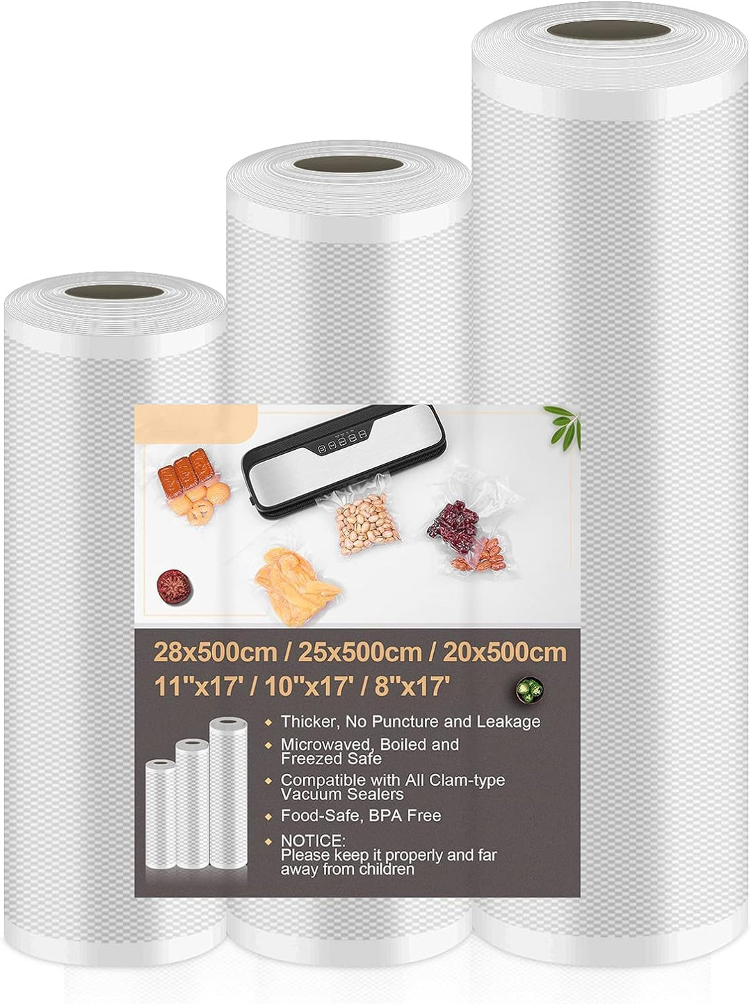 Vakuumierbeutel Vakuumierfolie 3 Rollen 20/25/28x500cm(15m), Vakuumrollen Lebensmittel für Vakuumier